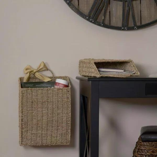 Household Essentials Seagrass Wicker Wall Basket Set, 2-Piece Rectangular Hanging Storage Baskets with Metal Frame