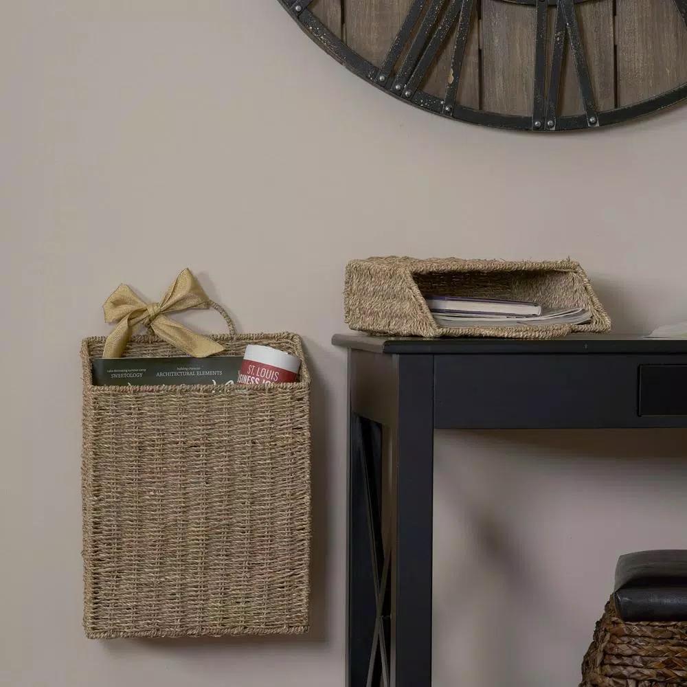 Household Essentials Seagrass Wicker Wall Basket Set, 2-Piece Rectangular Hanging Storage Baskets with Metal Frame