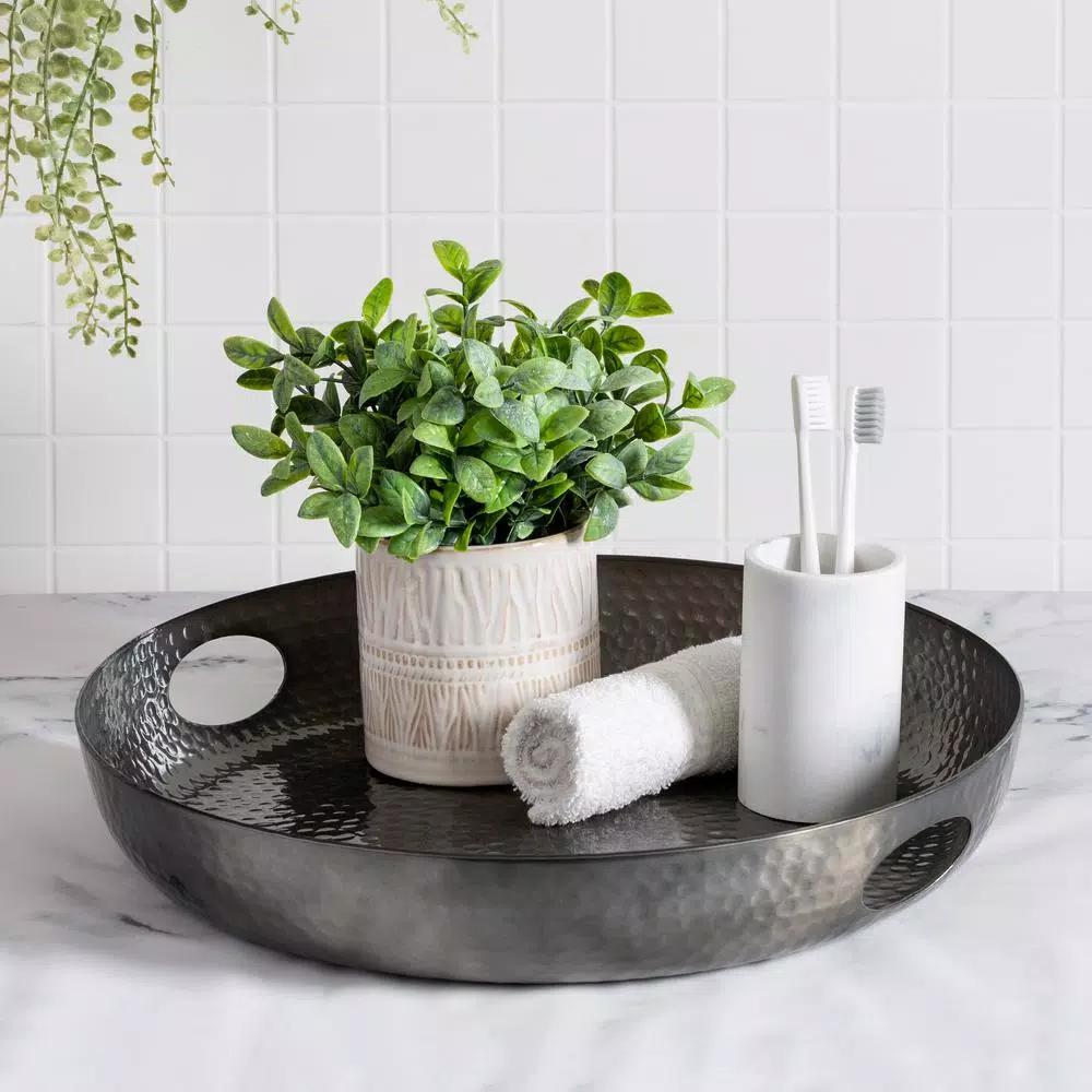 Honey-Can-Do Black Glossy Hammered Aluminum 16 in. Round Serving Tray with Handles