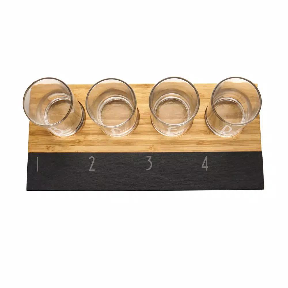 Cathy's Concepts Bamboo and Slate Craft Beer Tasting Flight Set with 4 Engraved 5.5 oz. Taster Glasses