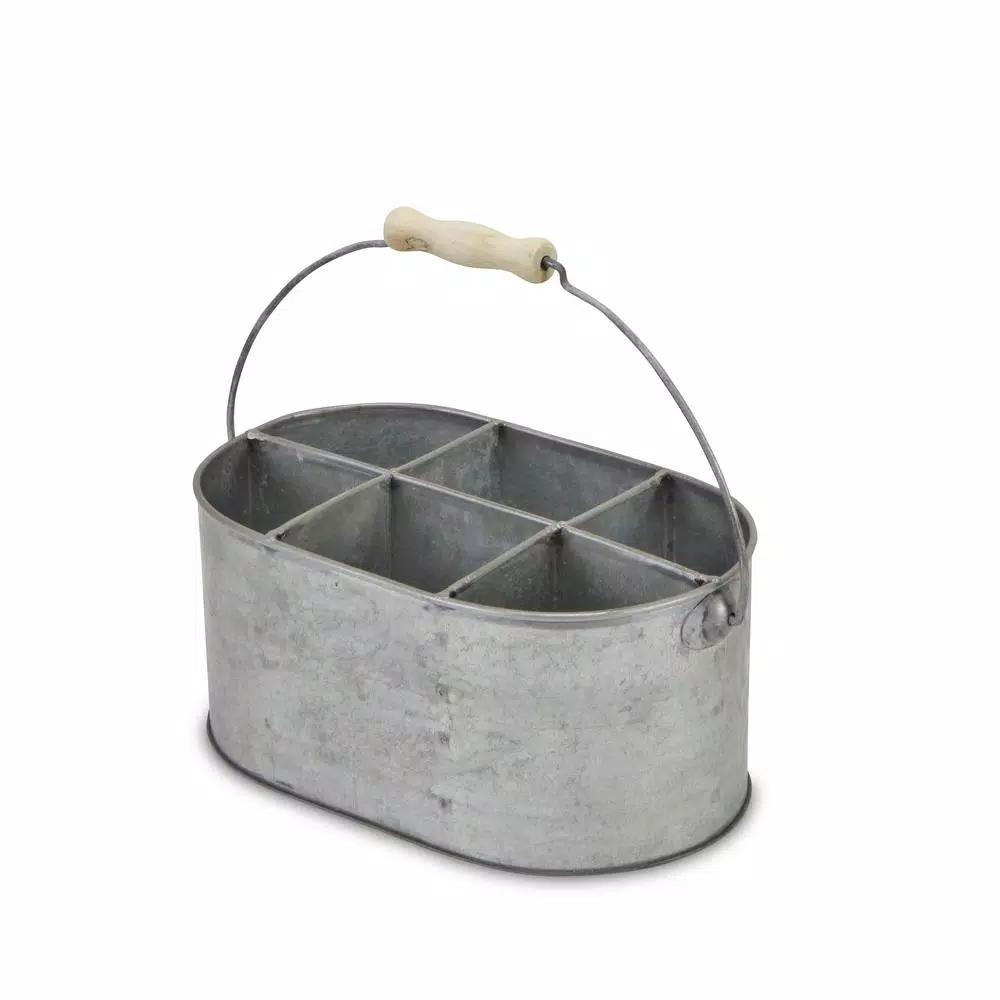 Cheungs Metal Gray Galvanized Steel Utensil Holder with Wood Grip Swivel Handle, 6-Slot Oval Caddy