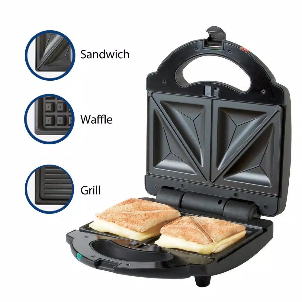PREMIUM 760W 3-in-1 Sandwich Maker, Waffle and Grill Press with Detachable Non-Stick Plates, Black