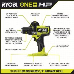 RYOBI 18V ONE+ HP Brushless 1/2 in. Hammer Drill Kit with 4.0 Ah Battery, Charger, and Tool Bag thumbnail 3