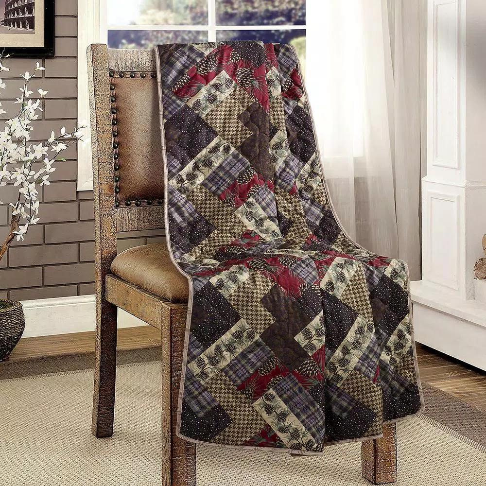 DONNA SHARP Hidden Valley Brown Microfiber Quilted Throw Blanket - Rustic Pinecone & Plaid Reversible Design
