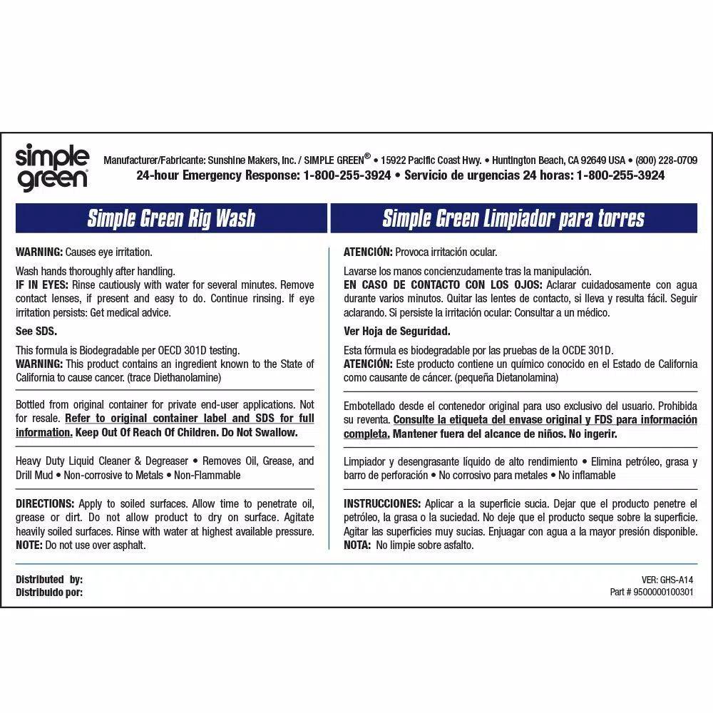 Simple Green Rig Wash Secondary Labels, Bilingual, 10-Pack