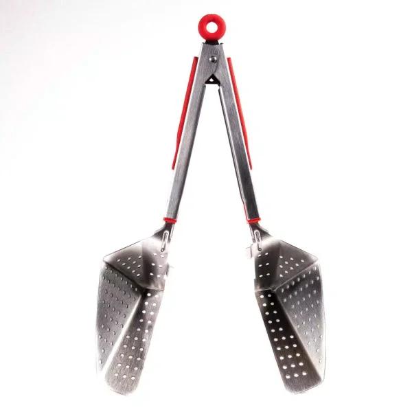 Chefright QuickScoop Red Colander Tongs with Soft Grips, Brushed Stainless Steel (Set of 2)