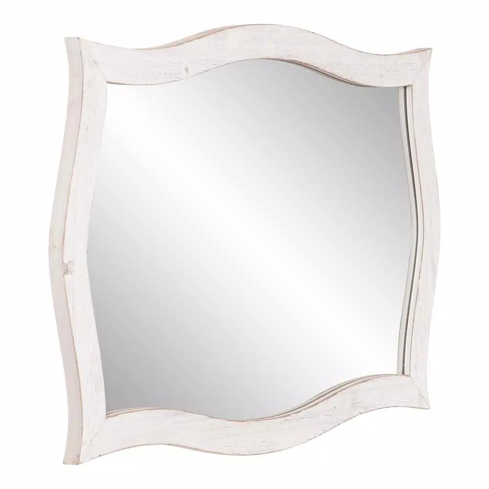 Pinnacle White Scallop Framed Wall Mirror - Distressed Whitewash Solid Wood - 36.75 in. W x 24.25 in. H