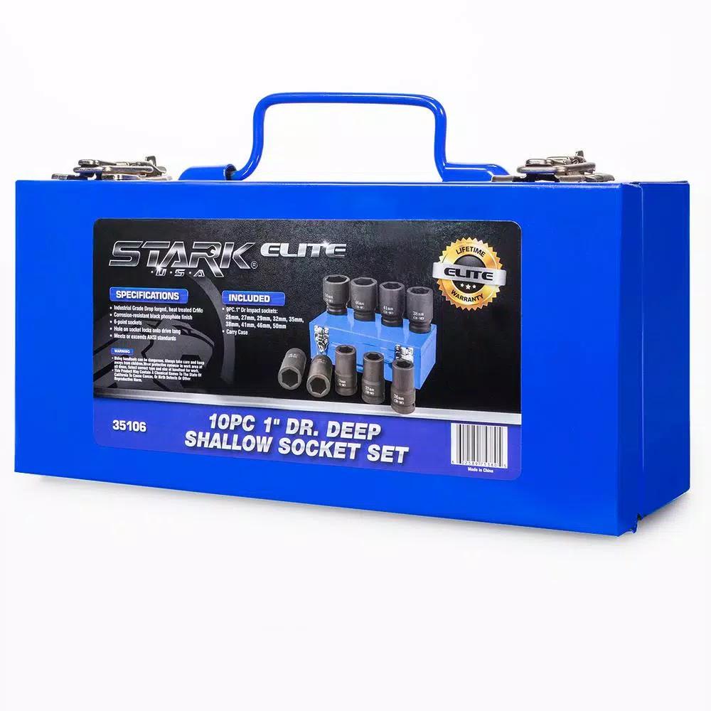 Stark 1 in. Drive Jumbo Truck Deep Impact Socket Set, 10-Piece Metric Set with Metal Case