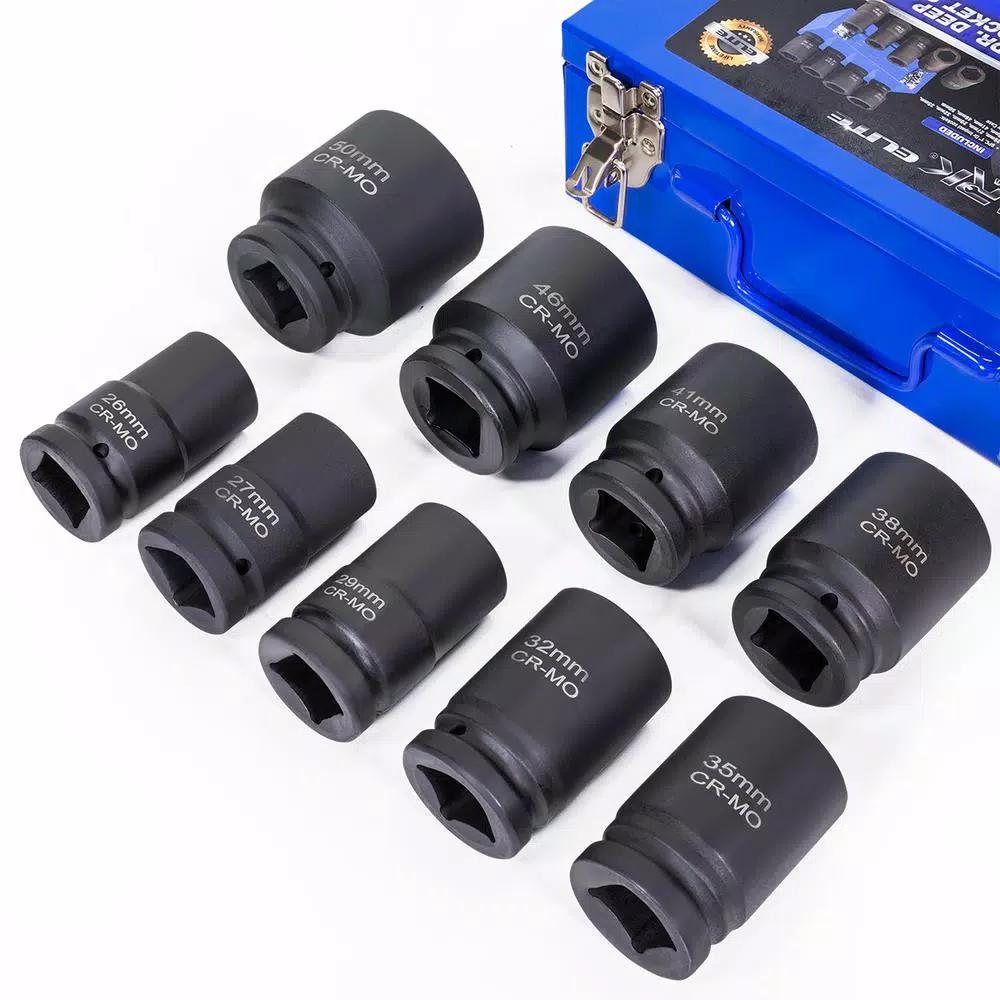 Stark 1 in. Drive Jumbo Truck Deep Impact Socket Set, 10-Piece Metric Set with Metal Case