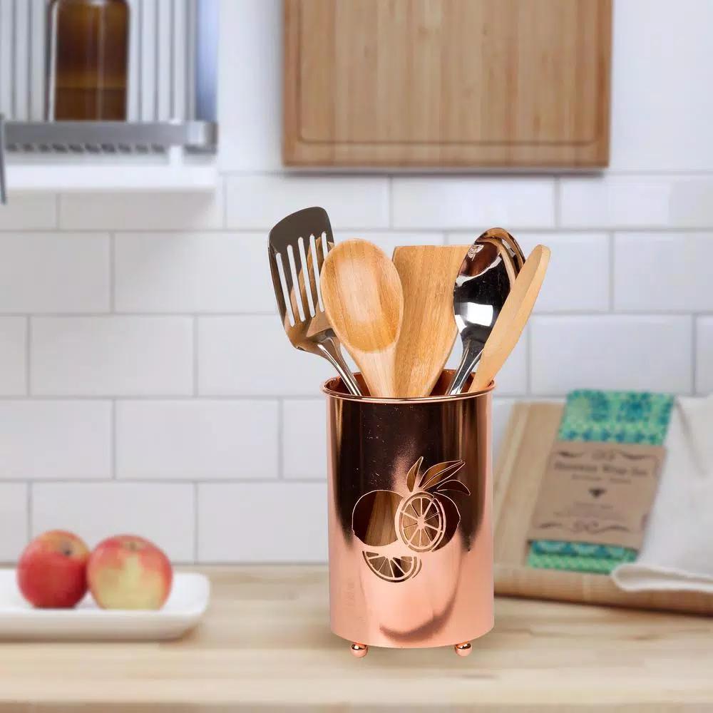 Creative Home Copper Plated Metal Utensil Holder with Laser Cut Lemon Motif Kitchen Tool Crock