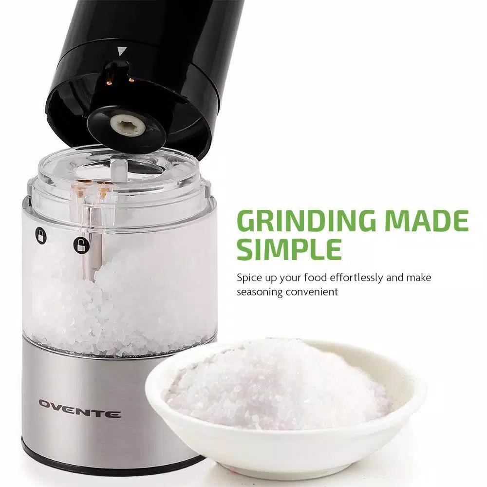 Ovente Electric Salt and Pepper Grinder Set, Stainless Steel with Ceramic Blades, Battery Operated