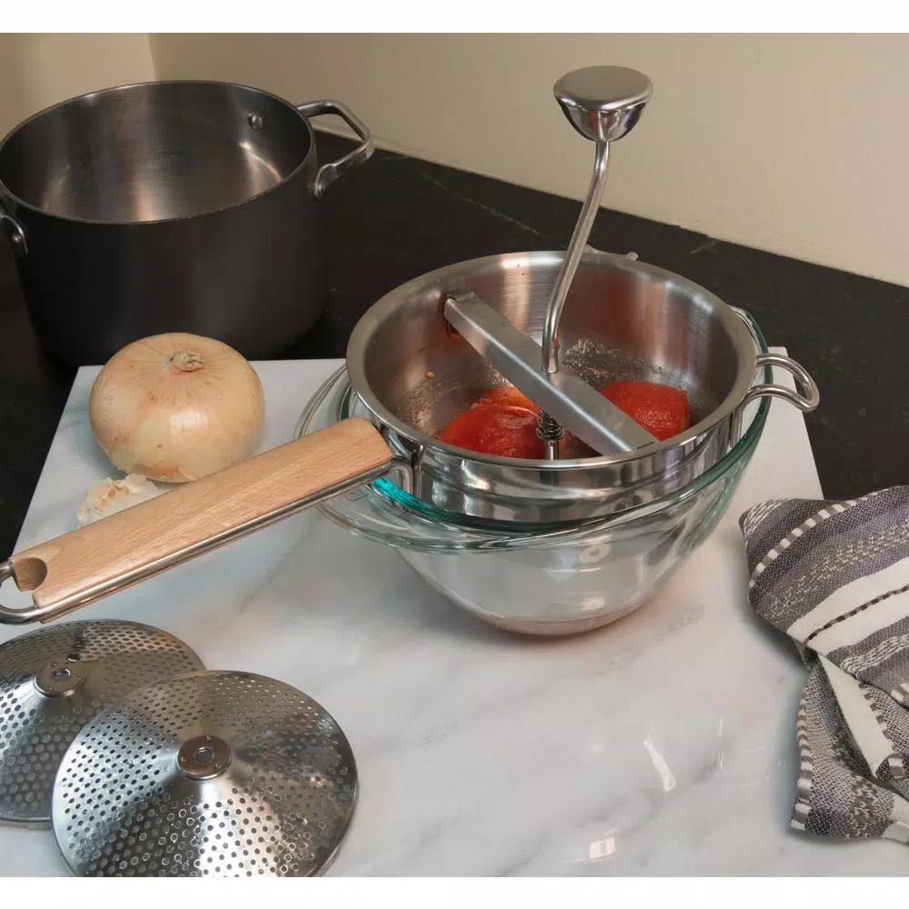 RSVP International Endurance Stainless Steel Food Mill with 3 Interchangeable Disks and Beech Wood Handle