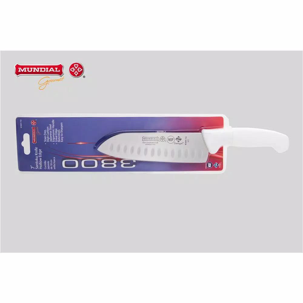 Mundial 3800 Series 7 in. Santoku Knife with Hollow Edge and Antimicrobial White Handle