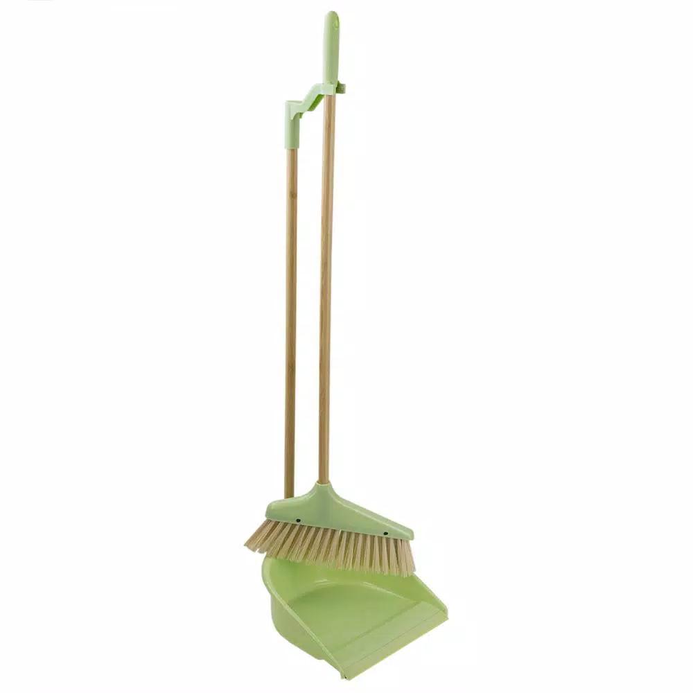 Home Basics 10 in. Green Bamboo Broom and Dustpan Set with Angled Nylon Bristles