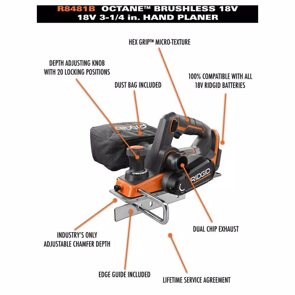RIDGID 18V OCTANE Cordless Brushless 3-1/4 in. Hand Planer Kit with 3.0 Ah Bluetooth Battery and Charger