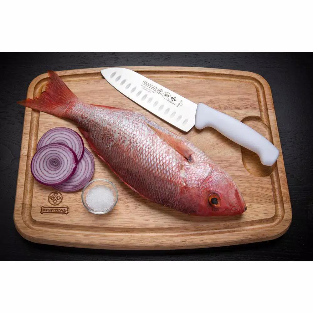 Mundial 3800 Series 7 in. Santoku Knife with Hollow Edge and Antimicrobial White Handle
