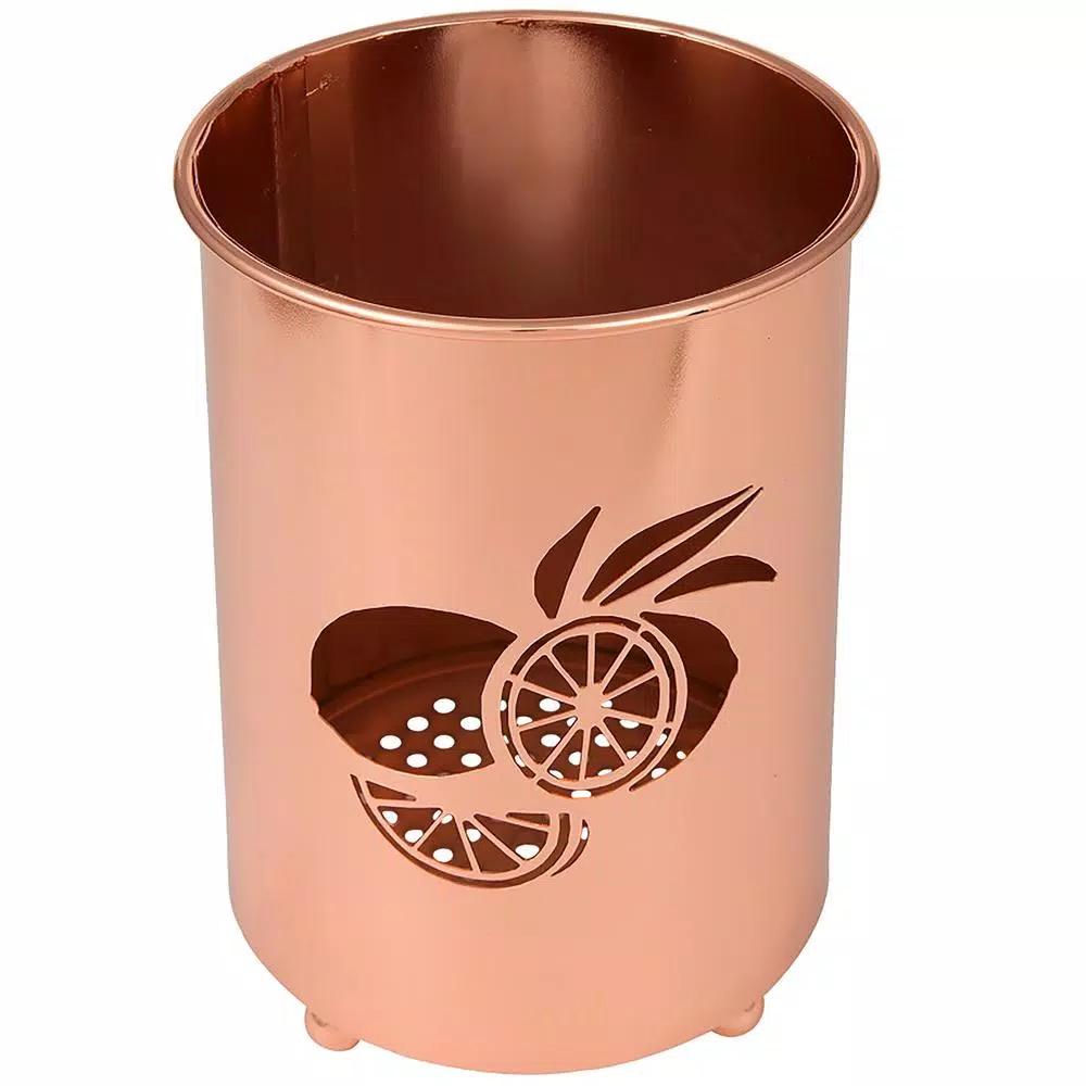 Creative Home Copper Plated Metal Utensil Holder with Laser Cut Lemon Motif Kitchen Tool Crock