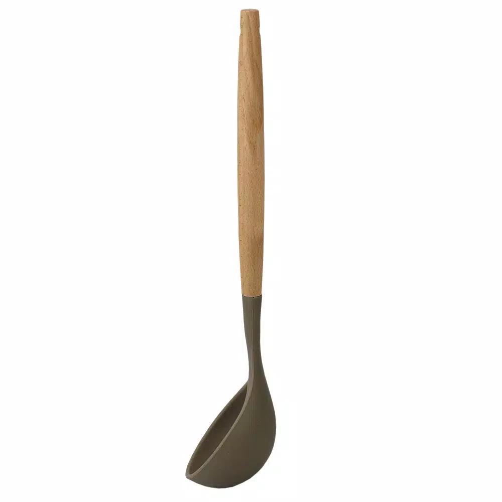 Home Basics Karina Grey Silicone Ladle with Easy Grip Beech Wood Handle, Heat Resistant & Non-Stick Safe