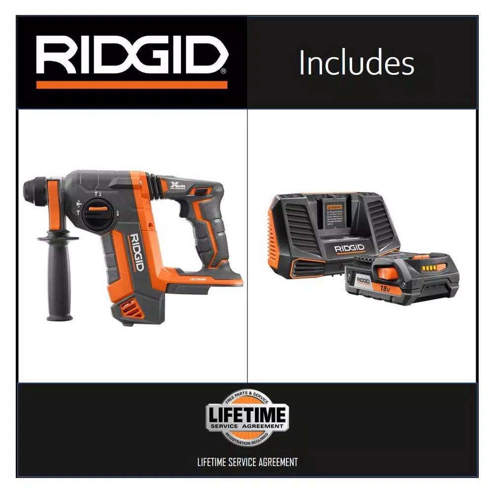 RIDGID 18V OCTANE Brushless 1 in. SDS-Plus Rotary Hammer Kit with 2 Ah Battery and Charger