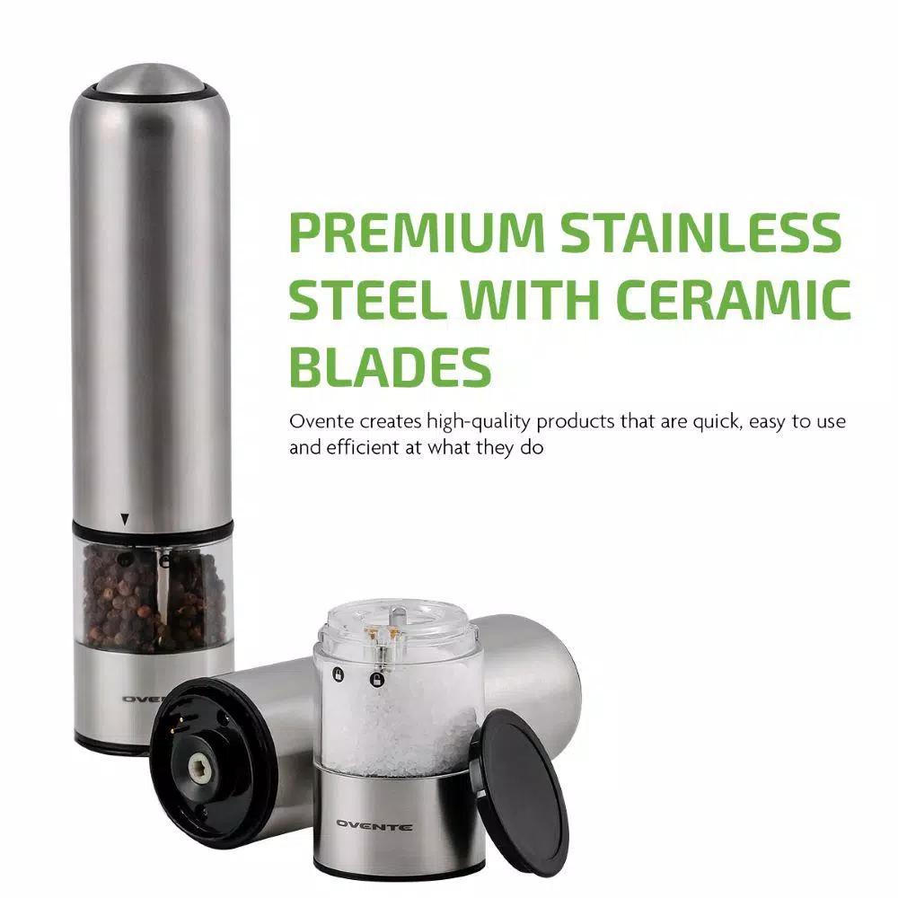 Ovente Electric Salt and Pepper Grinder Set, Stainless Steel with Ceramic Blades, Battery Operated