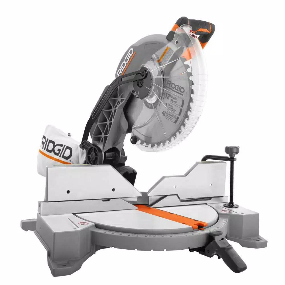 RIDGID 12 in. 15 Amp Dual Bevel Corded Miter Saw with LED and Universal Mobile Stand Kit