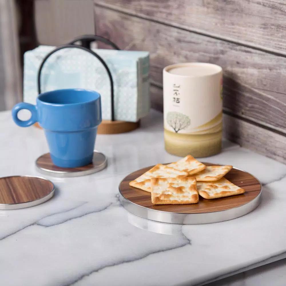 Creative Home 7" Round Fiberboard Trivet and Serving Board with Acacia Finish and Stainless Steel Trim