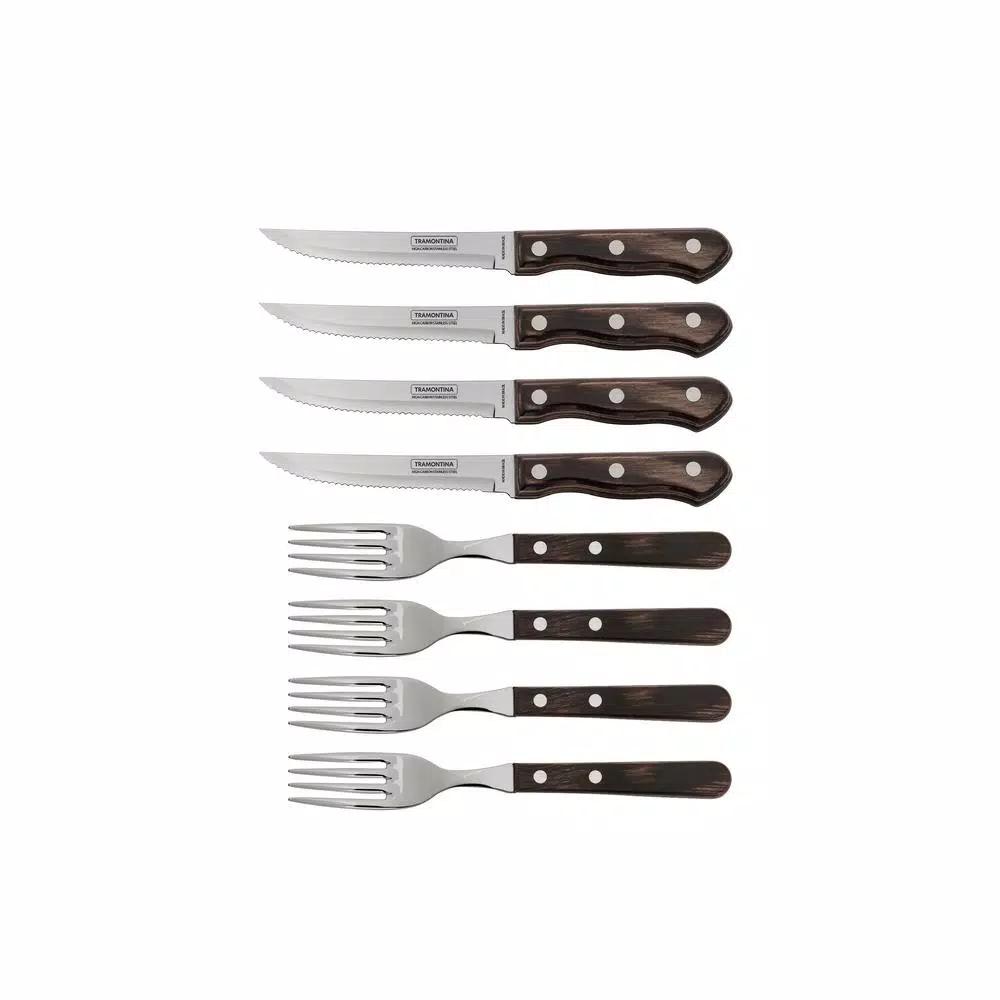 Tramontina Churrasco 8-Piece Steak Knife and Fork Set with Dark Brown Poly-Wood Handles