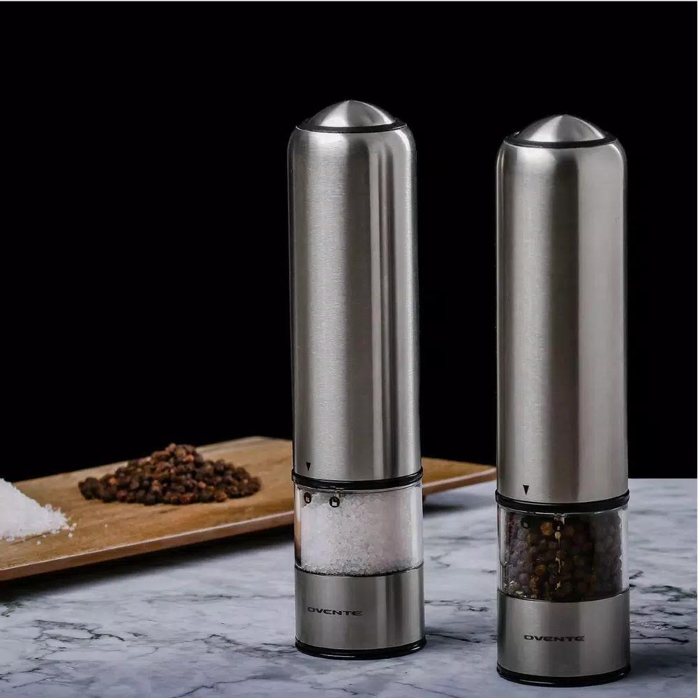 Ovente Electric Salt and Pepper Grinder Set, Stainless Steel with Ceramic Blades, Battery Operated