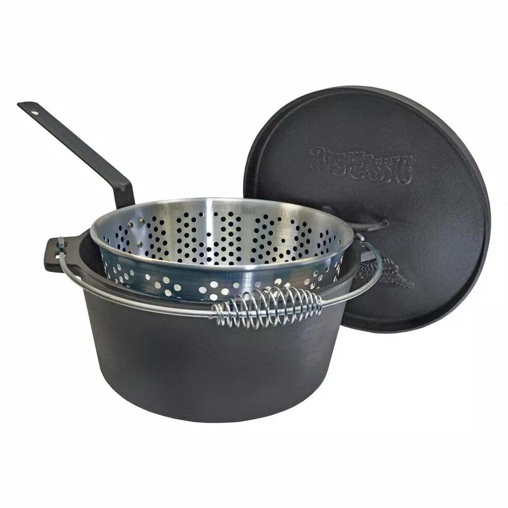 Bayou Classic 14 qt. Round Cast Iron Dutch Oven Set with Flanged Lid and Aluminum Fryer Basket, Black