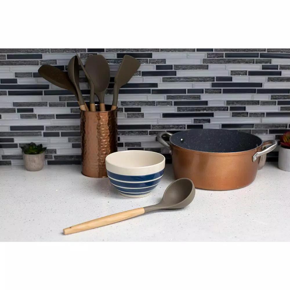 Home Basics Karina Grey Silicone Ladle with Easy Grip Beech Wood Handle, Heat Resistant & Non-Stick Safe