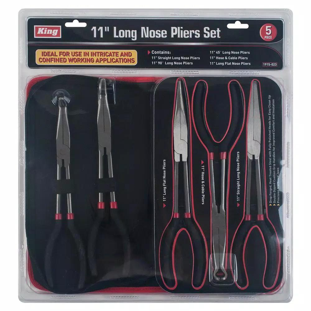 KING 5-Piece Long Nose Pliers Set, 11 in. Straight, 90-Degree, 45-Degree, Hose, Cable, and Flat Nose