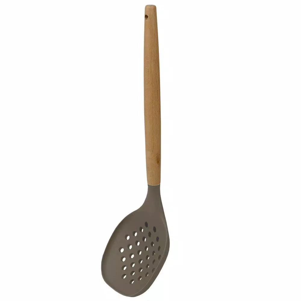 Home Basics Karina Silicone Skimmer with Natural Beech Wood Handle, Heat Resistant & Non-Stick Safe, Grey