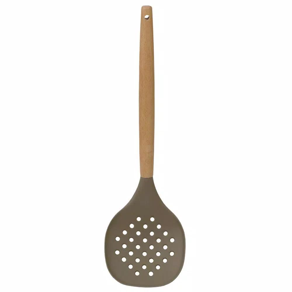Home Basics Karina Silicone Skimmer with Natural Beech Wood Handle, Heat Resistant & Non-Stick Safe, Grey