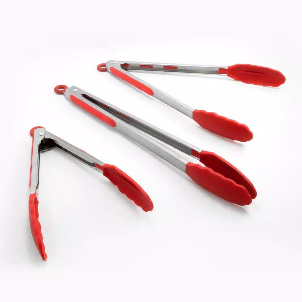 ExcelSteel 12 in. Stainless Steel Tongs with Red Silicone Tips, Stay-Cool Handle (Set of 2)