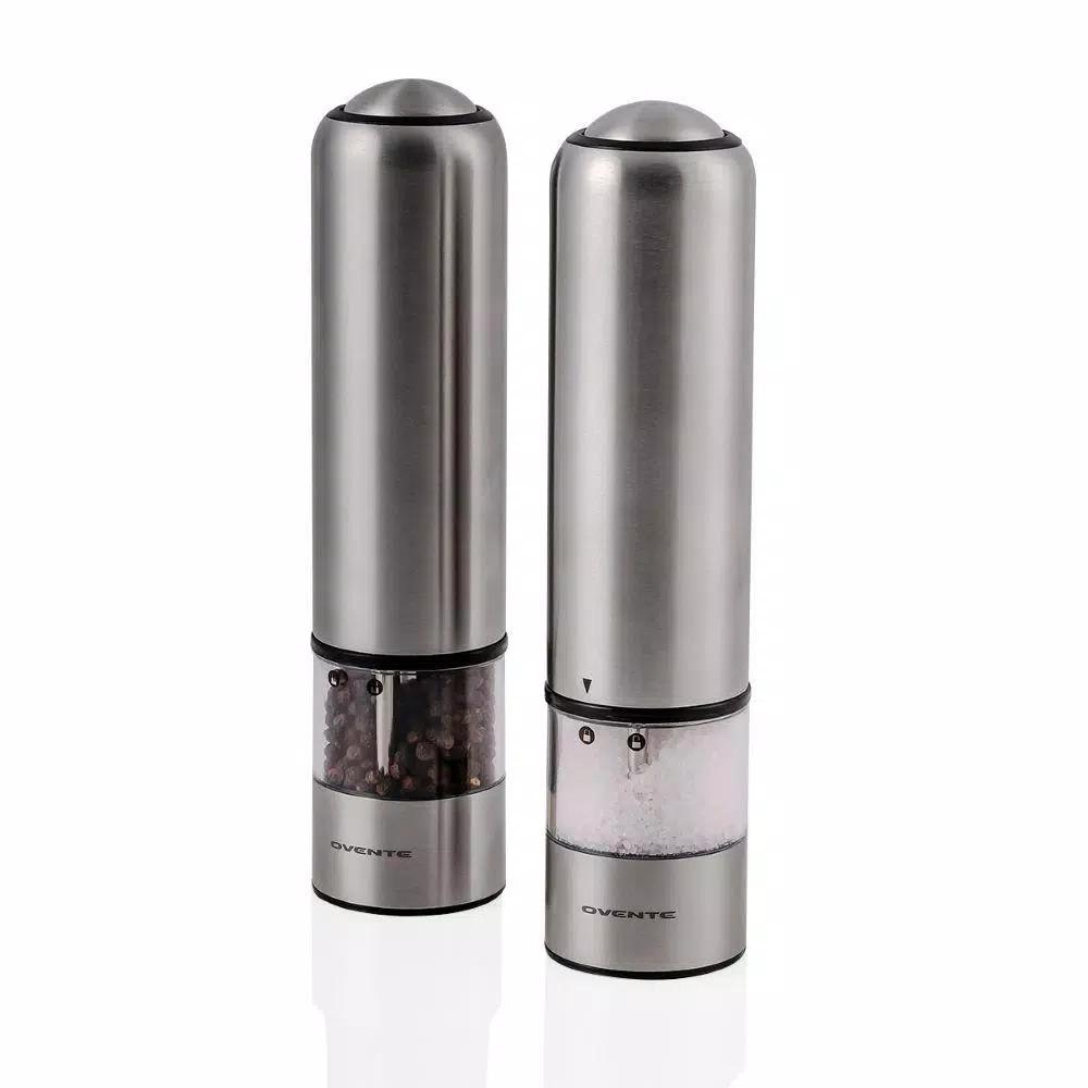 Ovente Electric Salt and Pepper Grinder Set, Stainless Steel with Ceramic Blades, Battery Operated