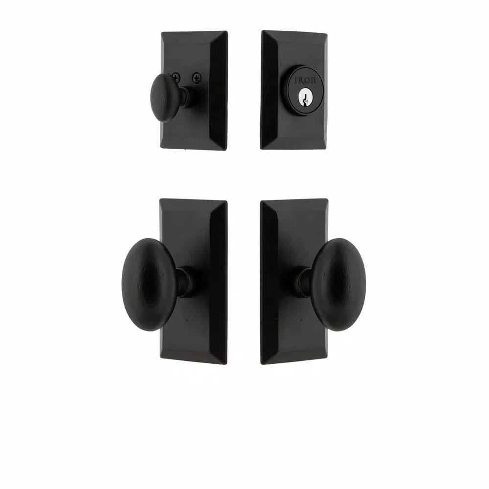 Unbranded Vale Black Iron Door Handleset Combo Pack with Aeg Egg Knob and Single Cylinder Deadbolt