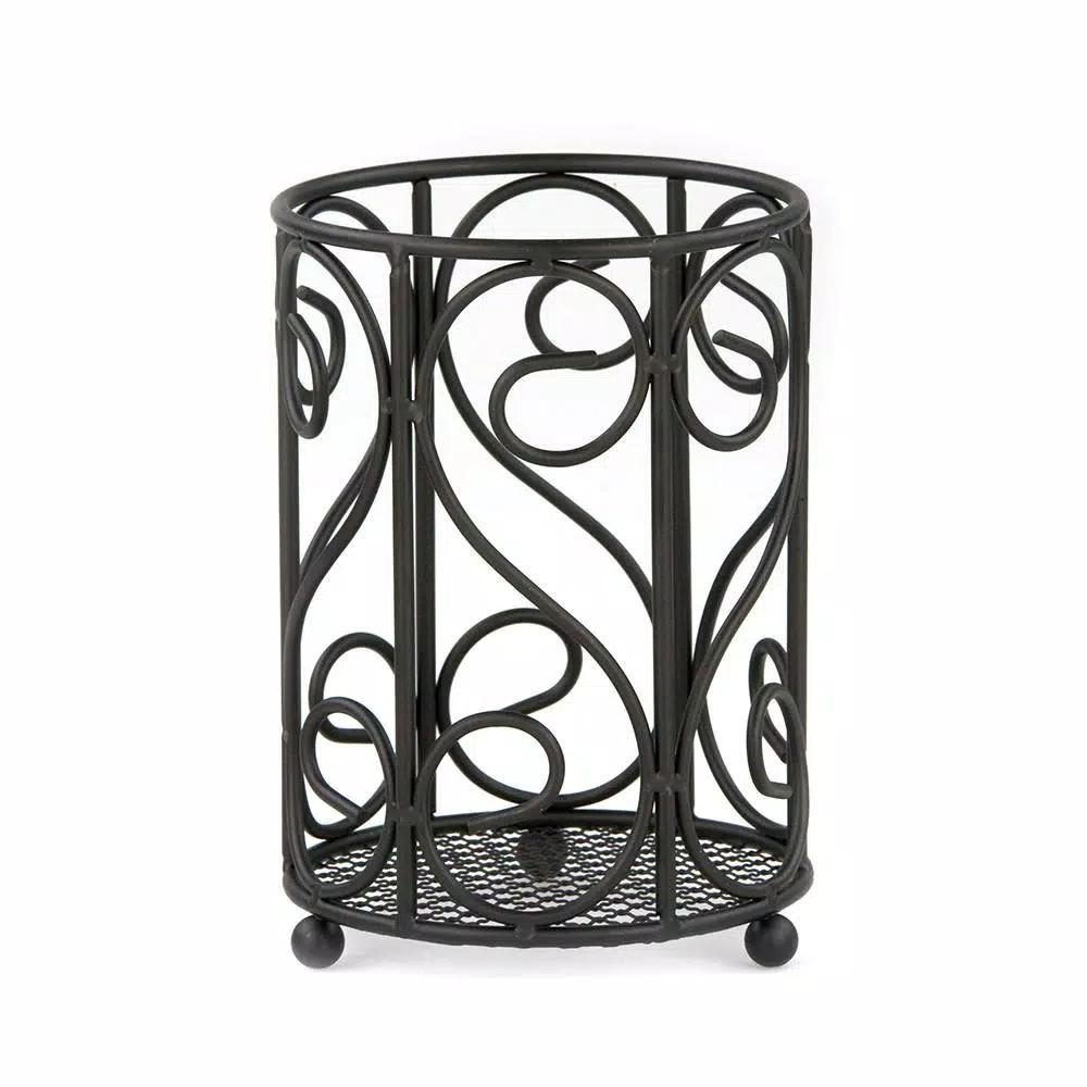 Unbranded Scroll Collection Black Steel Utensil Holder with Mesh Bottom and Non-Skid Feet