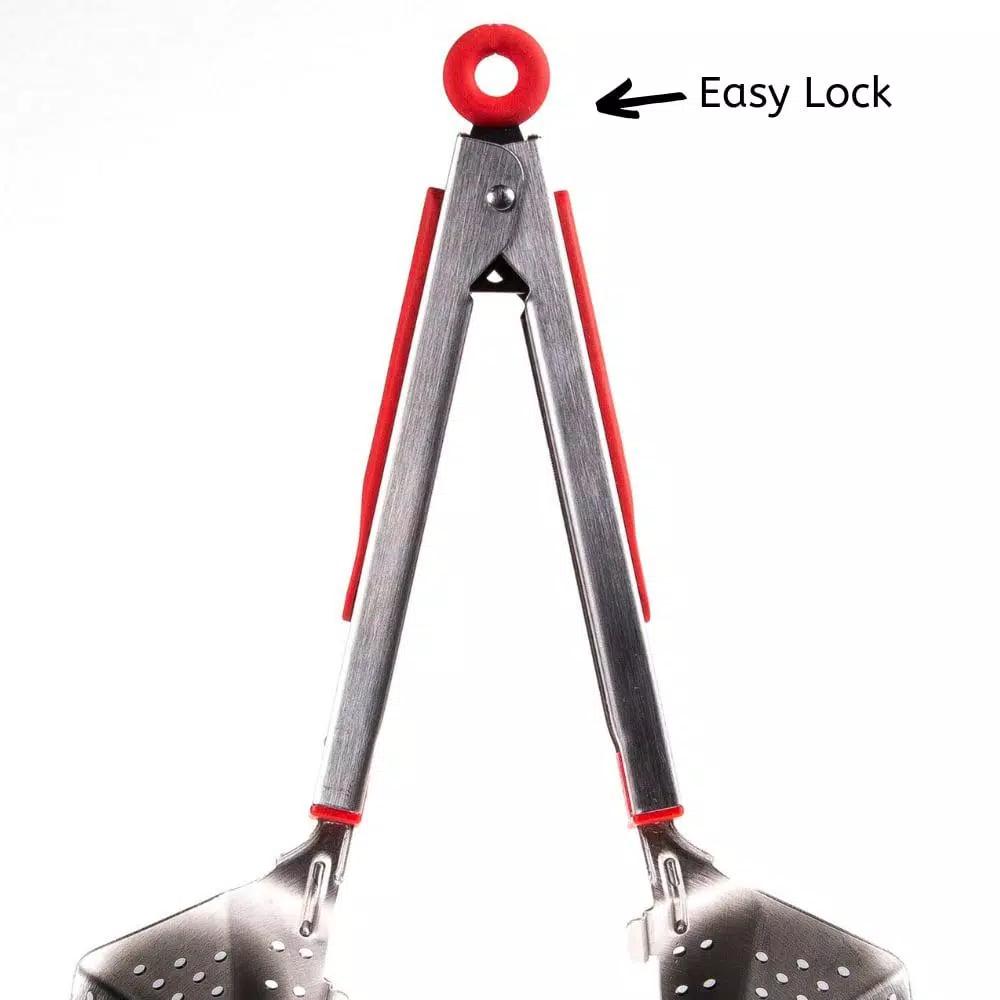 Chefright QuickScoop Red Colander Tongs with Soft Grips, Brushed Stainless Steel (Set of 2)