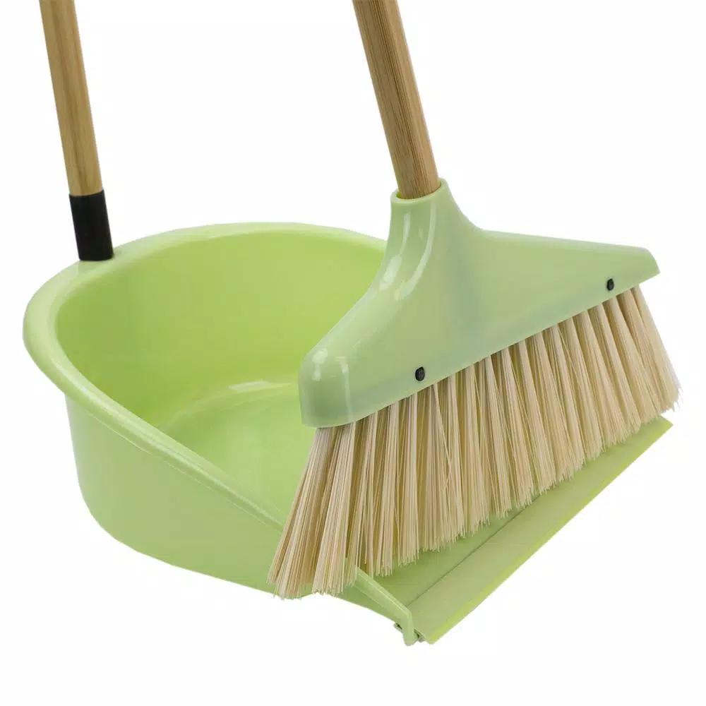 Home Basics 10 in. Green Bamboo Broom and Dustpan Set with Angled Nylon Bristles