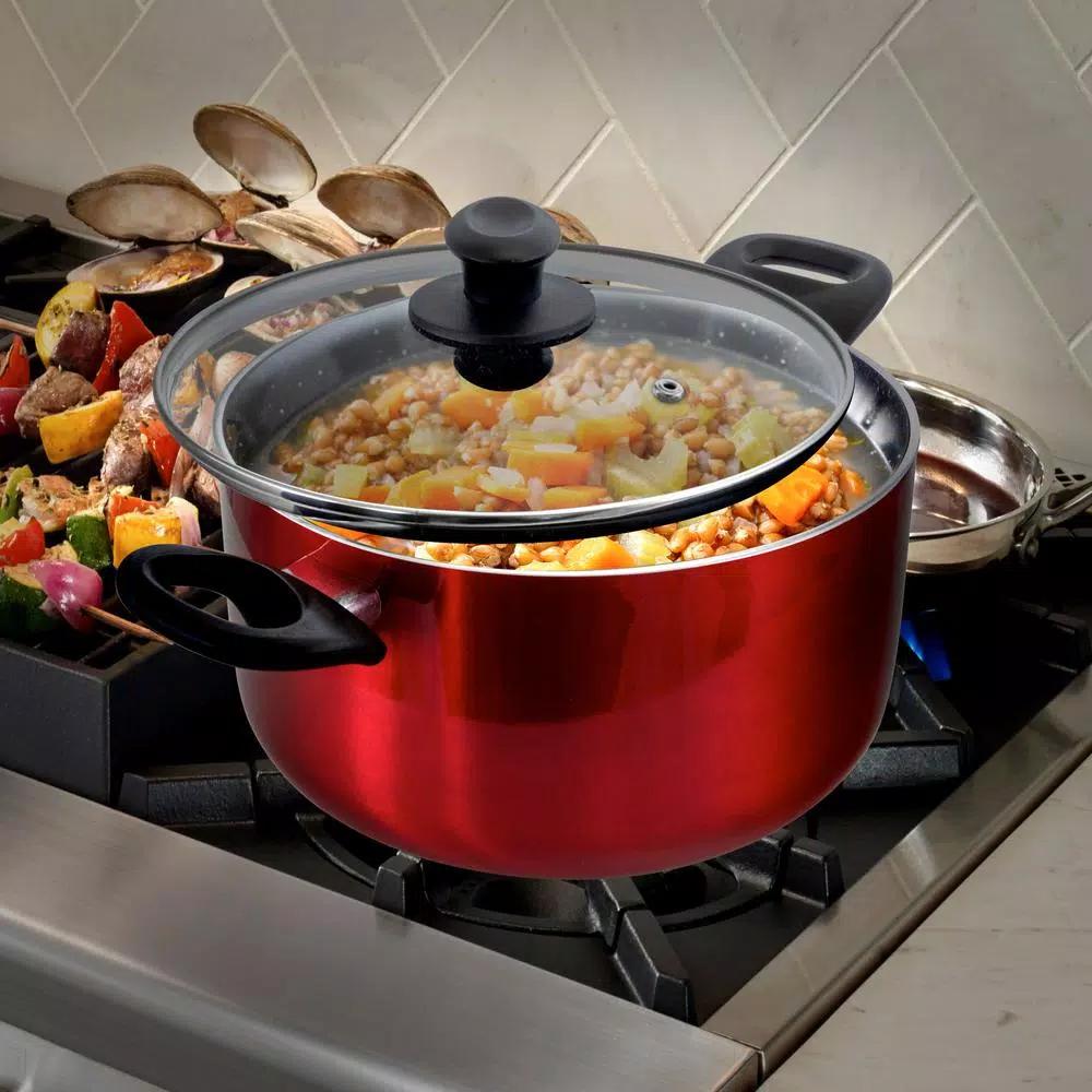 Oster Gibson Oster Merrion 6 Qt. Nonstick Aluminum Round Dutch Oven with Glass Lid, Red