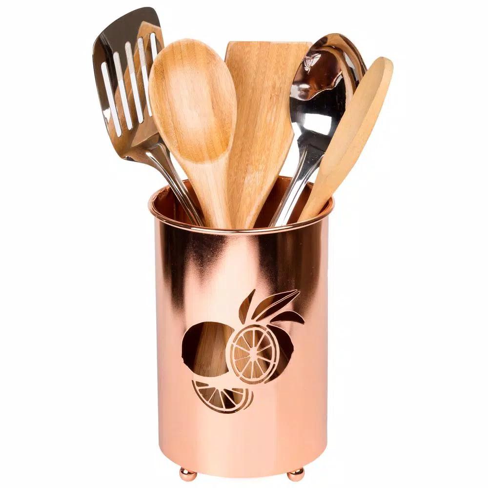 Creative Home Copper Plated Metal Utensil Holder with Laser Cut Lemon Motif Kitchen Tool Crock