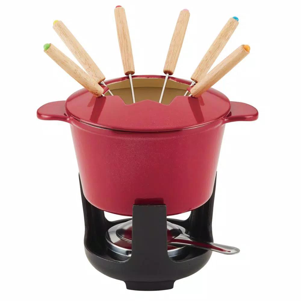 Rachael Ray 1.5-Quart Cast Iron Fondue Pot Set with Red Shimmer Enamel Finish