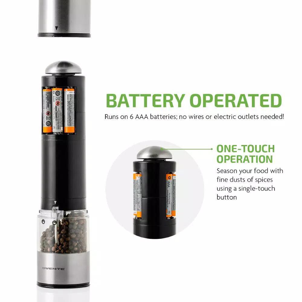 Ovente Electric Salt and Pepper Grinder Set, Stainless Steel with Ceramic Blades, Battery Operated