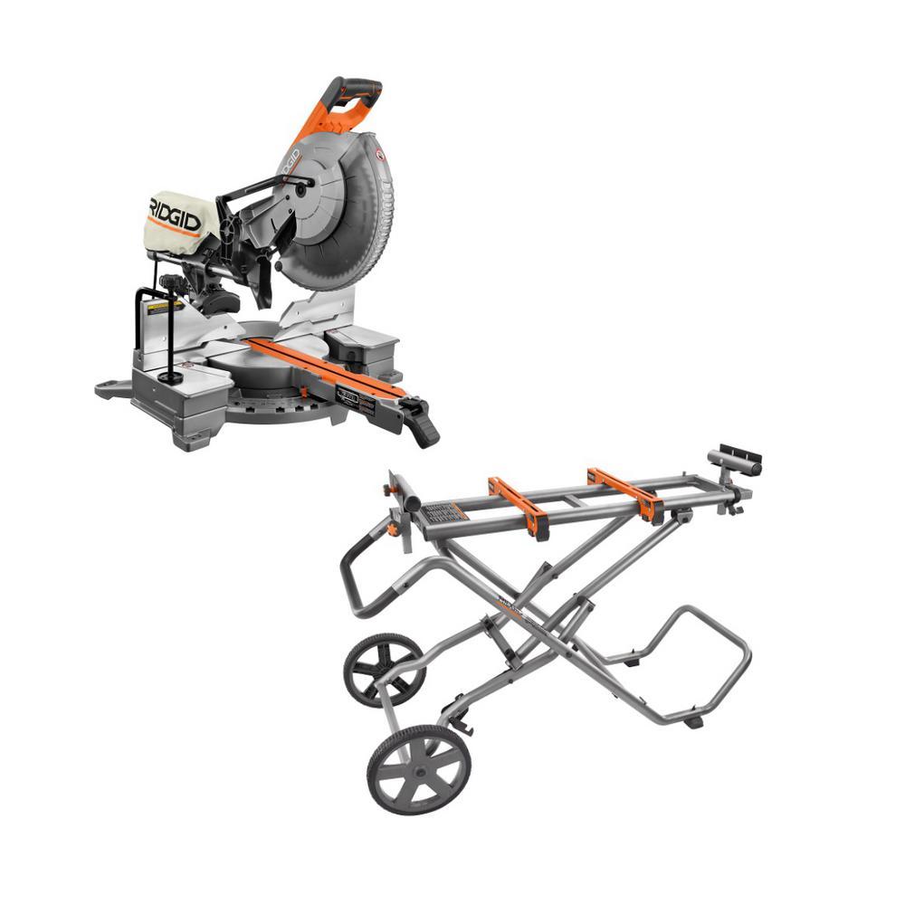 RIDGID 12 in. 15 Amp Dual Bevel Sliding Miter Saw Kit with Universal Mobile Stand