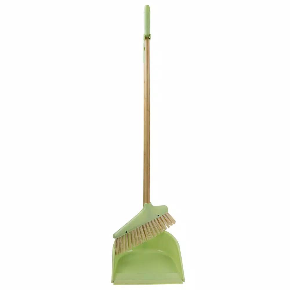 Home Basics 10 in. Green Bamboo Broom and Dustpan Set with Angled Nylon Bristles