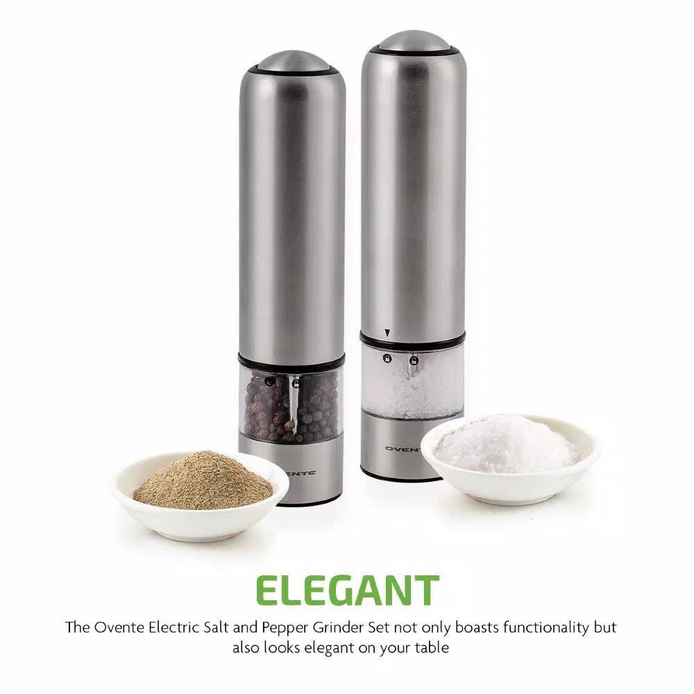 Ovente Electric Salt and Pepper Grinder Set, Stainless Steel with Ceramic Blades, Battery Operated