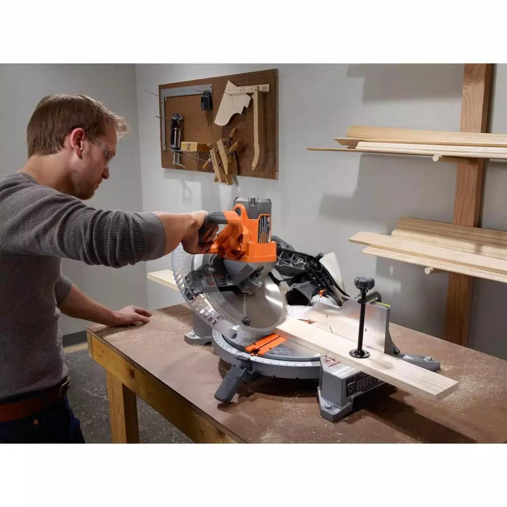 RIDGID 12 in. 15 Amp Dual Bevel Corded Miter Saw with LED and Universal Mobile Stand Kit