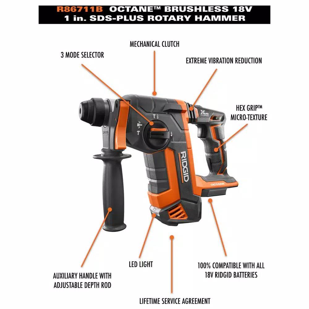 RIDGID 18V OCTANE Brushless 1 in. SDS-Plus Rotary Hammer Kit with 2 Ah Battery and Charger