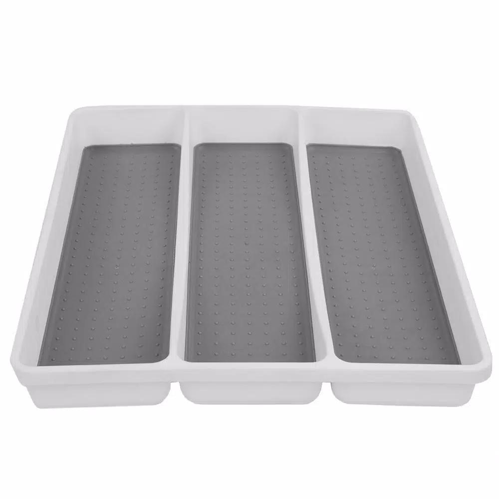 Unbranded White Large Utensil Tray with Rubber Liner, 3 Compartment Cutlery Organizer