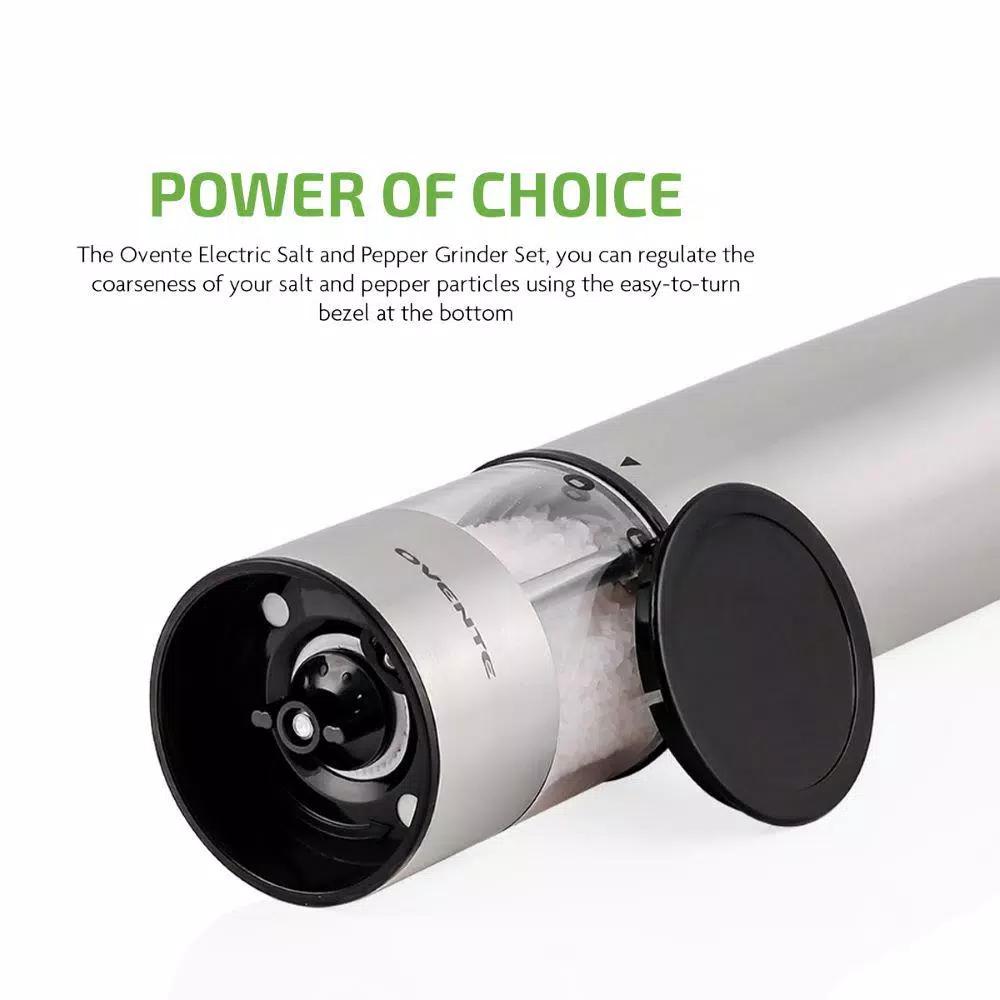 Ovente Electric Salt and Pepper Grinder Set, Stainless Steel with Ceramic Blades, Battery Operated